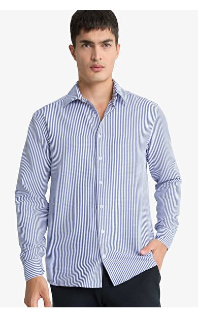 DeFacto Modern Fit Polo Yaka Çizgili Krinkıl Uzun Kollu Gömlek