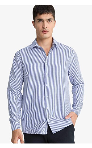 DeFacto Modern Fit Polo Yaka Çizgili Krinkıl Uzun Kollu Gömlek