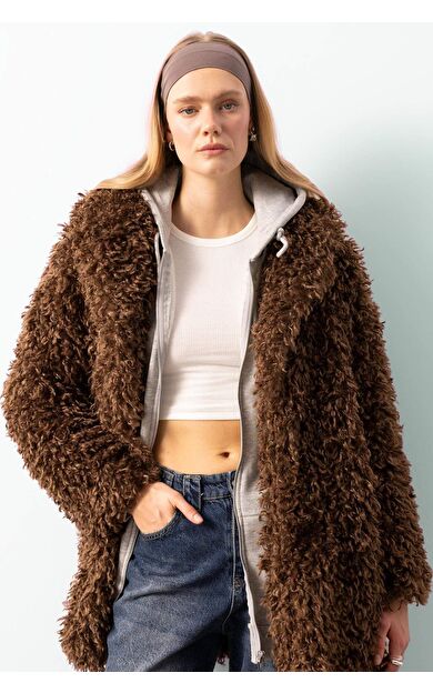 Regular Fit Cepli Çıtçıtlı Uzun Suni Kürk Ceket Mont