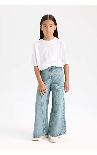 Kız Çocuk Wide Leg Geniş Paça Kargo Cepli Jean Pantolon