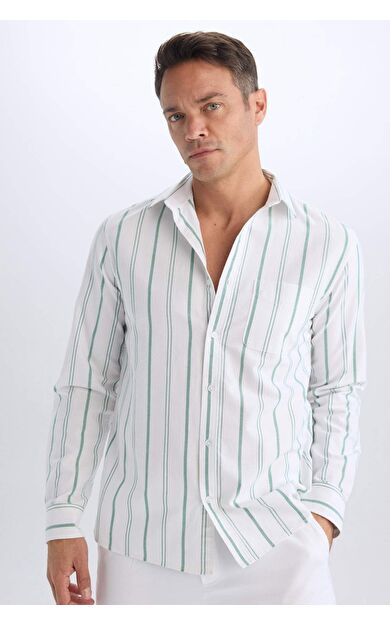 DeFacto Regular Fit Polo Yaka Çizgili Oxford Uzun Kollu Gömlek D6101AX25SPGN900