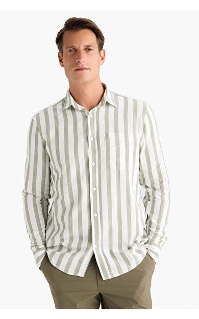 DeFacto Regular Fit Polo Yaka Uzun Kollu Çizgili Uzun Kollu Gömlek