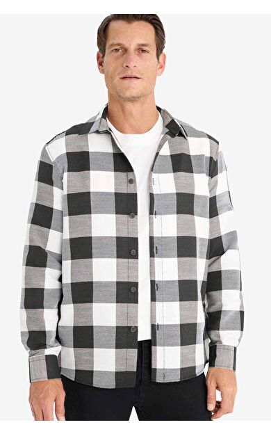 DeFacto Regular Fit Polo Yaka Pamuklu Kareli Uzun Kollu Gömlek
