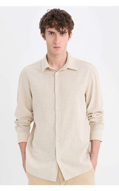 DeFacto %100 Pamuk Regular Fit Polo Yaka Pamuklu Uzun Kollu Gömlek