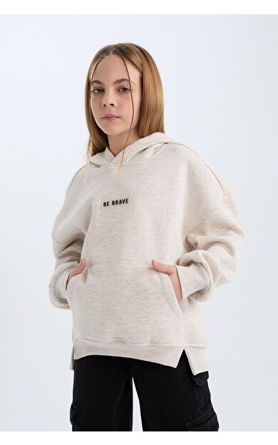 DeFacto Kız Çocuk Oversize Geniş Kalıp Kapüşonlu Baskılı İçi Yumuşak Tüylü Kalın Sweatshirt