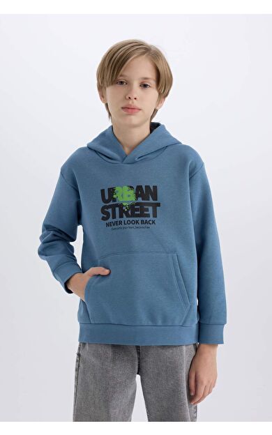 DeFacto Erkek Çocuk Kapüşonlu Baskılı Cepli İçi Yumuşak Tüylü Sweatshirt