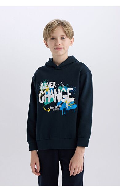 DeFacto Erkek Çocuk Kapüşonlu Baskılı İçi Yumuşak Tüylü Sweatshirt