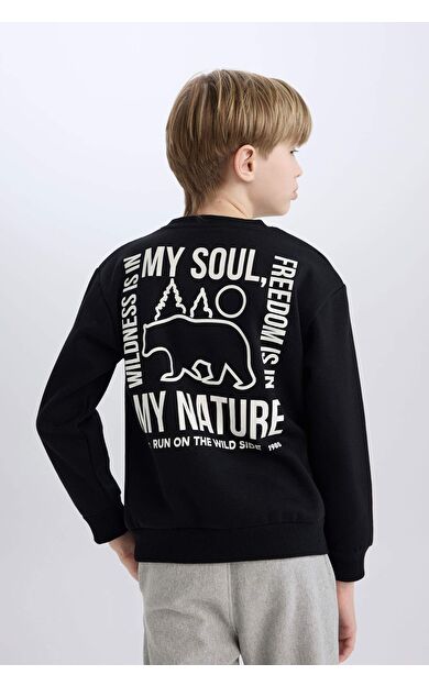 DeFacto Erkek Çocuk Bisiklet Yaka Sırt Baskılı İçi Yumuşak Tüylü Sweatshirt
