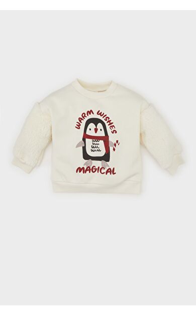 DeFacto Kız Bebek Regular Fit Bisiklet Yaka Hayvan Desenli İçi Yumuşak Tüylü Kalın Kumaş Sweatshirt
