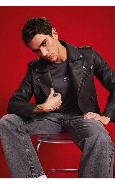 DeFacto Su İtici Suni Deri Mont Ceket Gömlek Yaka Fermuarlı Cepli