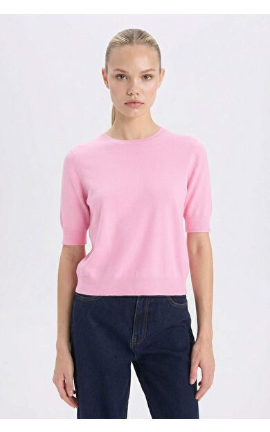 Regular Fit Bisiklet Yaka Basic Düz Kısa Kollu Triko Kazak