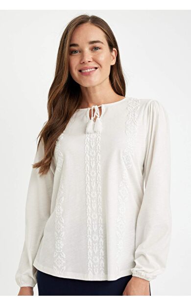 DeFacto Regular Fit Bisiklet Yaka Flamlı Pamuk Uzun Kollu Tişört