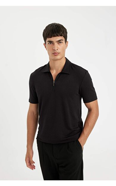 DeFacto Slim Fit Dar Kesim Yarım Fermuarlı Kısa Kollu Krinkıl Polo Tişört D6478AX24HSBK81