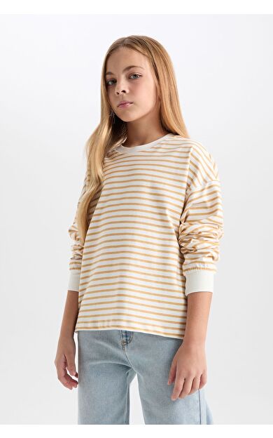 DeFacto Kız Çocuk Relax Fit Bisiklet Yaka Çizgili Sweatshirt D6503A8NSBG765