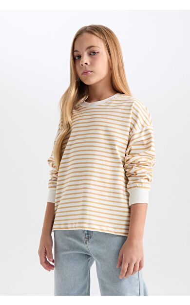 DeFacto Kız Çocuk Relax Fit Bisiklet Yaka Çizgili Sweatshirt D6503A8NSBG765