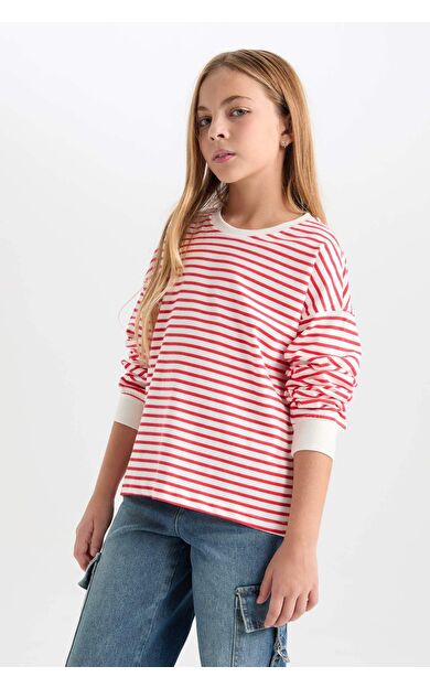 DeFacto Kız Çocuk Relax Fit Bisiklet Yaka Çizgili Sweatshirt D6503A8NSRD63
