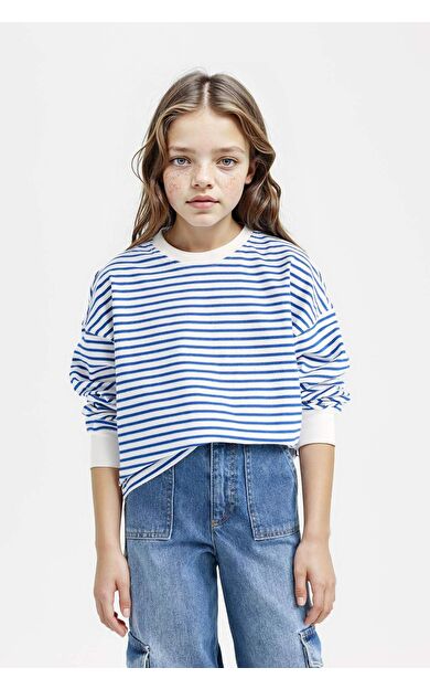 DeFacto Kız Çocuk Relax Fit Bisiklet Yaka Çizgili Sweatshirt D6503A8NSWT43
