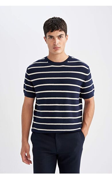 DeFacto Standart Fit Bisiklet Yaka Pamuklu Çizgili Kısa Kollu Tişört D6530AX24HSNV64