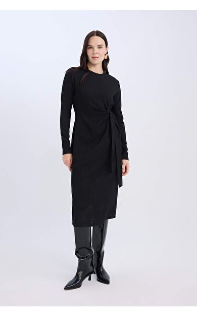 Regular Fit Bisiklet Yaka Basic Düz Beli Bağlamalı Bürümcük Uzun Kollu Siyah Elbise
