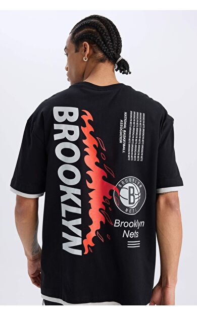 DeFactoFit NBA Brooklyn Nets Oversize Geniş Kalıp Bisiklet Yaka Sporcu Kısa Kollu Tişört