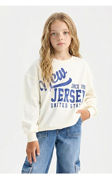 DeFacto Kız Çocuk Relax Fit Bisiklet Yaka Üniversite Baskılı Sweatshirt D6615A824AUER99