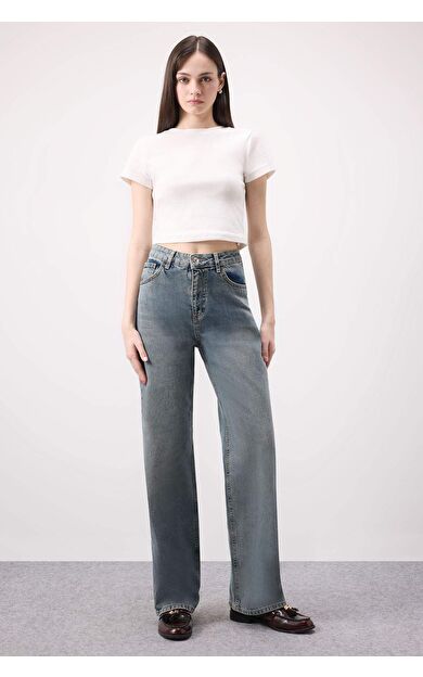 DeFacto 90's Wide Leg Yüksek Bel Uzun Jean Yıkamalı Pantolon D6617AX25SPNM28
