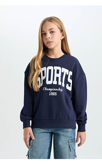 DeFacto Kız Çocuk Relax Fit Bisiklet Yaka Slogan Baskılı Sweatshirt D6626A824AUNV251