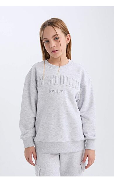 DeFacto Kız Çocuk Gri Regular Fit Bisiklet Yaka Slogan Baskılı Sweatshirt