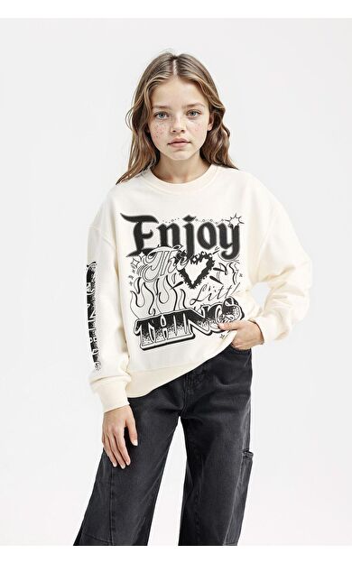 DeFacto Kız Çocuk Oversize Fit Geniş Kalıp Bisiklet Yaka Sweatshirt