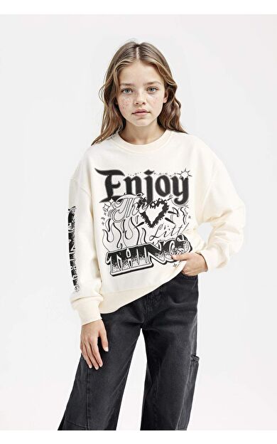 DeFacto Kız Çocuk Oversize Fit Geniş Kalıp Bisiklet Yaka Sweatshirt