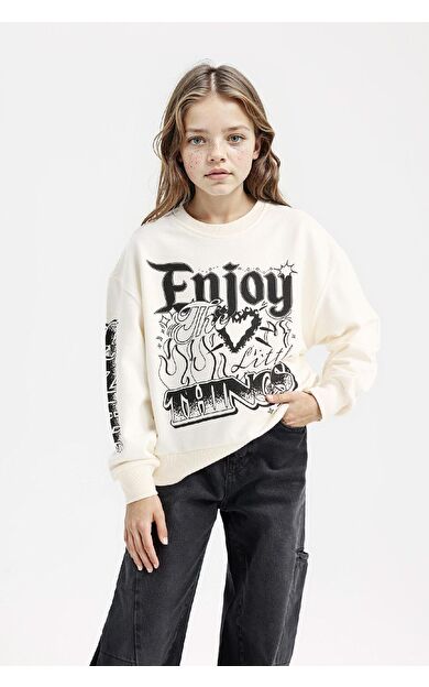 DeFacto Kız Çocuk Oversize Fit Geniş Kalıp Bisiklet Yaka Sweatshirt