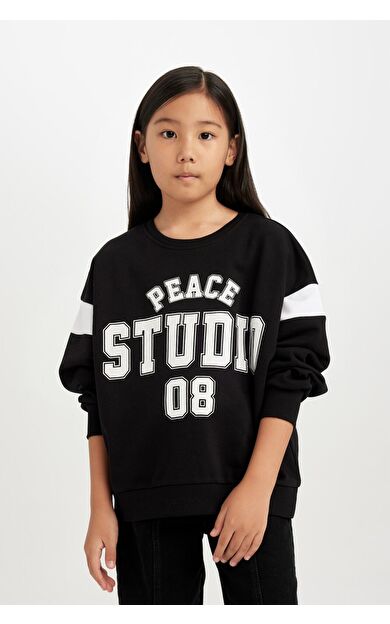 DeFacto Kız Çocuk Relax Fit Bisiklet Yaka Baskılı Sweatshirt D6641A824AUBK81