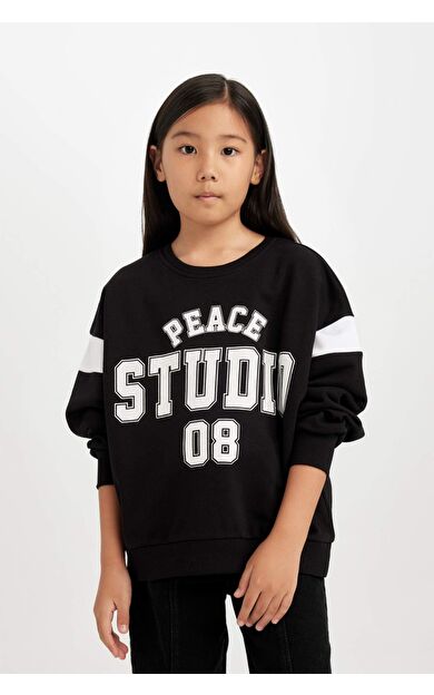 DeFacto Kız Çocuk Relax Fit Bisiklet Yaka Baskılı Sweatshirt D6641A824AUBK81