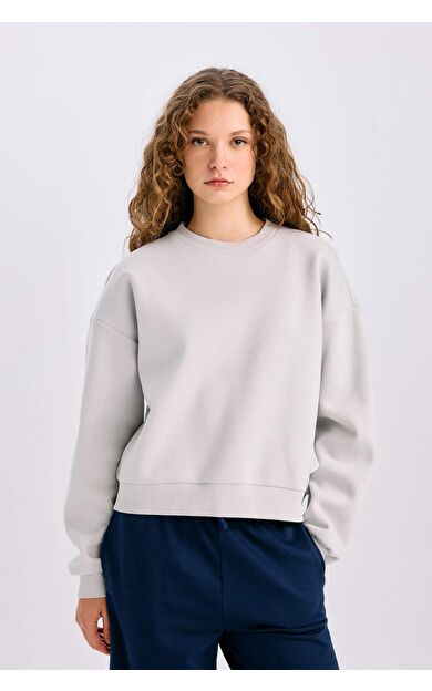 DeFacto Regular Fit Bisiklet Yaka Basic Kalın Kumaş Gri Sweatshirt