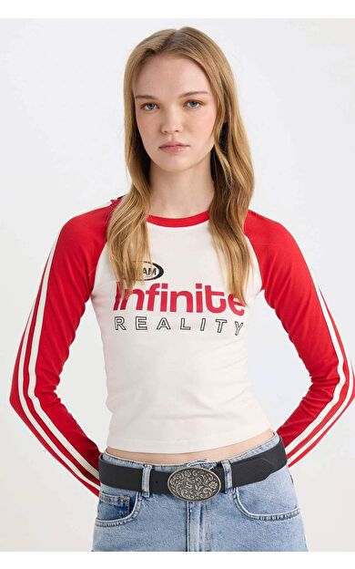 Coool Fitted Dar Kesim Bisiklet Yaka Baskılı Uzun Kollu Tişört