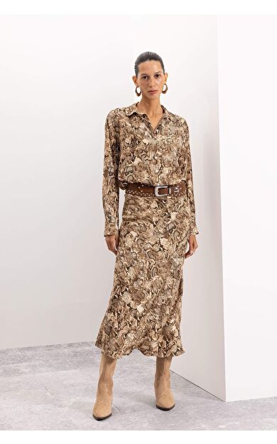 A Kesim Yılan Desenli Yüksek Bel Maroken Maxi Etek