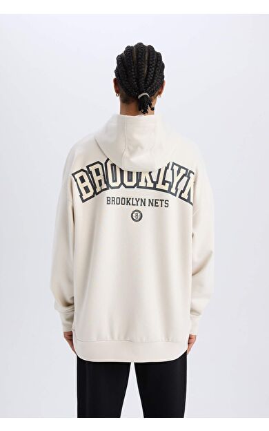DeFactoFit NBA Brooklyn Nets Oversize Geniş Kalıp Kapüşonlu Skuba Dalgıç Kumaş Sporcu Sweatshirt