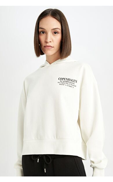 DeFacto Boxy Fit Kapüşonlu Baskılı Sweatshirt D6718AX24WNER105