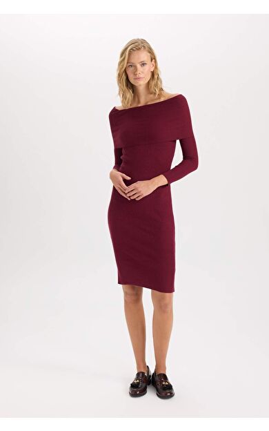 Fitted Açık Omuz Basic Düz Uzun Kollu Vücuda Oturan Midi Triko Elbise
