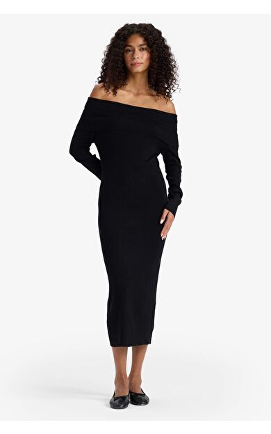 Fitted Açık Omuz Ribana Uzun Kollu Midi Elbise