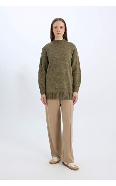 Relax Fit Beli Lastikli Basic Düz Krep Pantolon