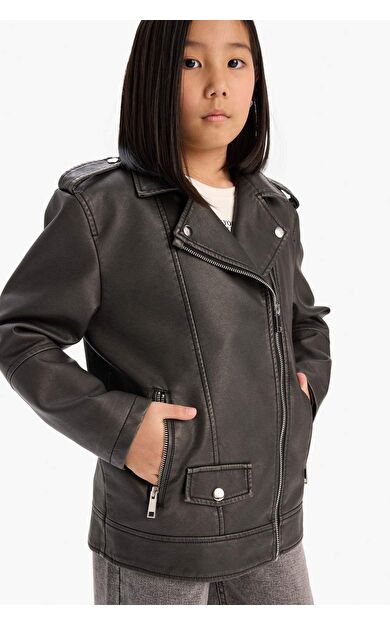 Kız Çocuk Su İtici Fermuarlı Çift Cepli Suni Deri Ceket Mont