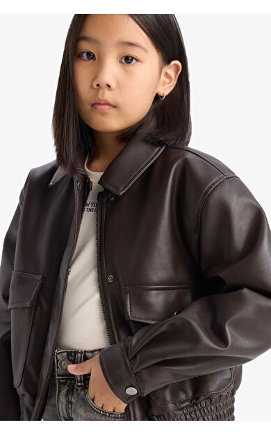 DeFacto Kız Çocuk Su İtici Fermuarlı Çift Cepli Suni Deri Mont Ceket