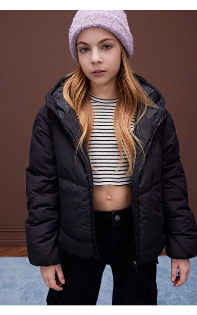 DeFacto Kız Çocuk Su İtici Kapüşonlu Fermuarlı Cepli Şişme Mont