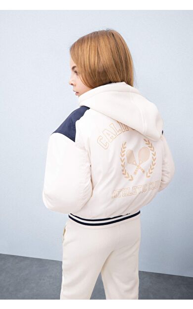 DeFacto Kız Çocuk Su İtici Şişme Bomber Mont Kapüşonlu Kolej Yaka Nakışlı Cepli