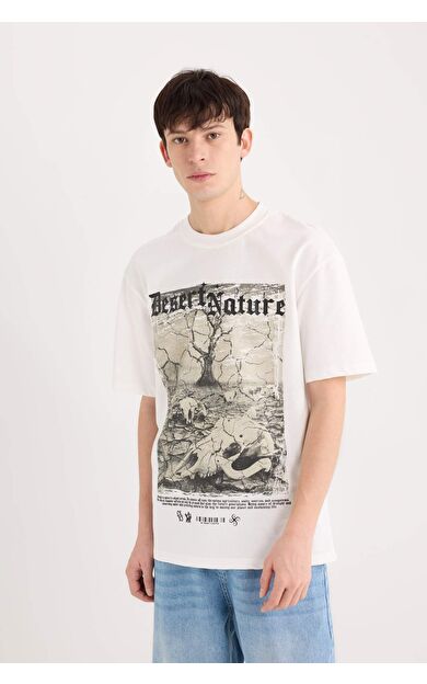 DeFacto Boxy Fit Bisiklet Yaka Baskılı Kısa Kollu Tişört D6947AX25SPER105