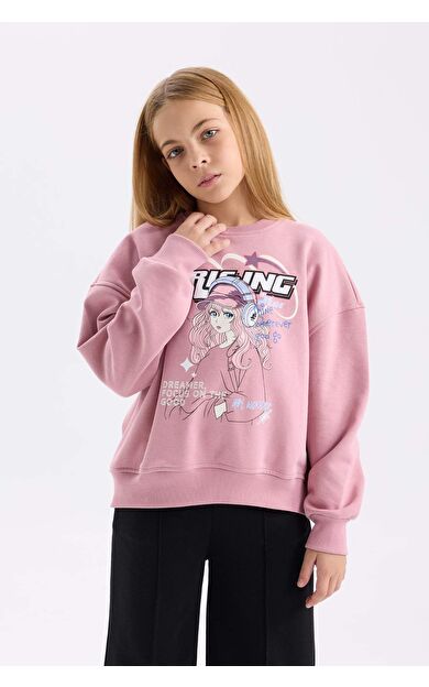 DeFacto Kız Çocuk Oversize Fit Geniş Kalıp Bisiklet Yaka Hayvan Desenli Sweatshirt