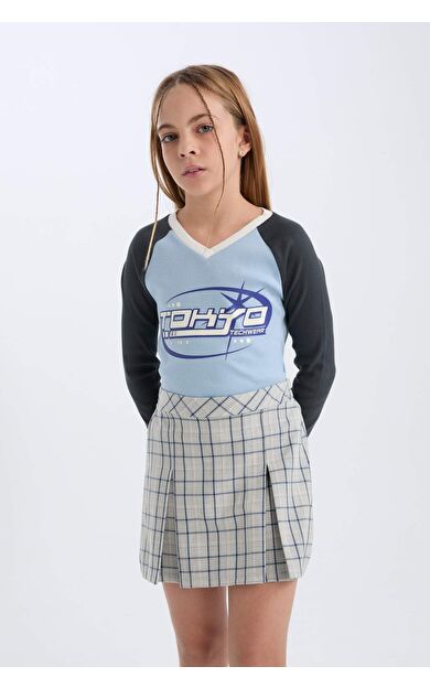 DeFacto Kız Çocuk Slim Fit Dar Kesim V Yaka Baskılı Fitilli Kaşkorse Uzun Kollu Tişört