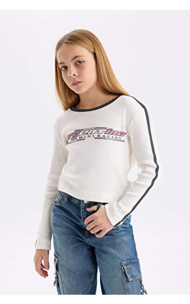 DeFacto Kız Çocuk Slim Fit Dar Kesim Bisiklet Yaka Baskılı Fitilli Kaşkorse Uzun Kollu Tişört D6993A824WNER99