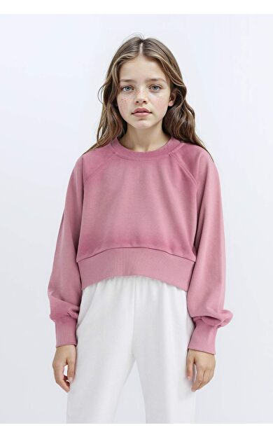 DeFacto Kız Çocuk Relax Fit Bisiklet Yaka Crop Basic Düz Sweatshirt